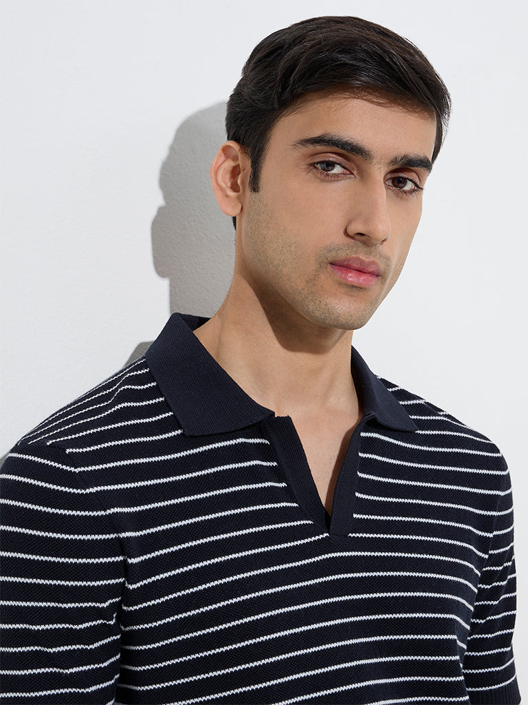 Ascot Navy Striped Relaxed-Fit Cotton-Blend Polo T-Shirt