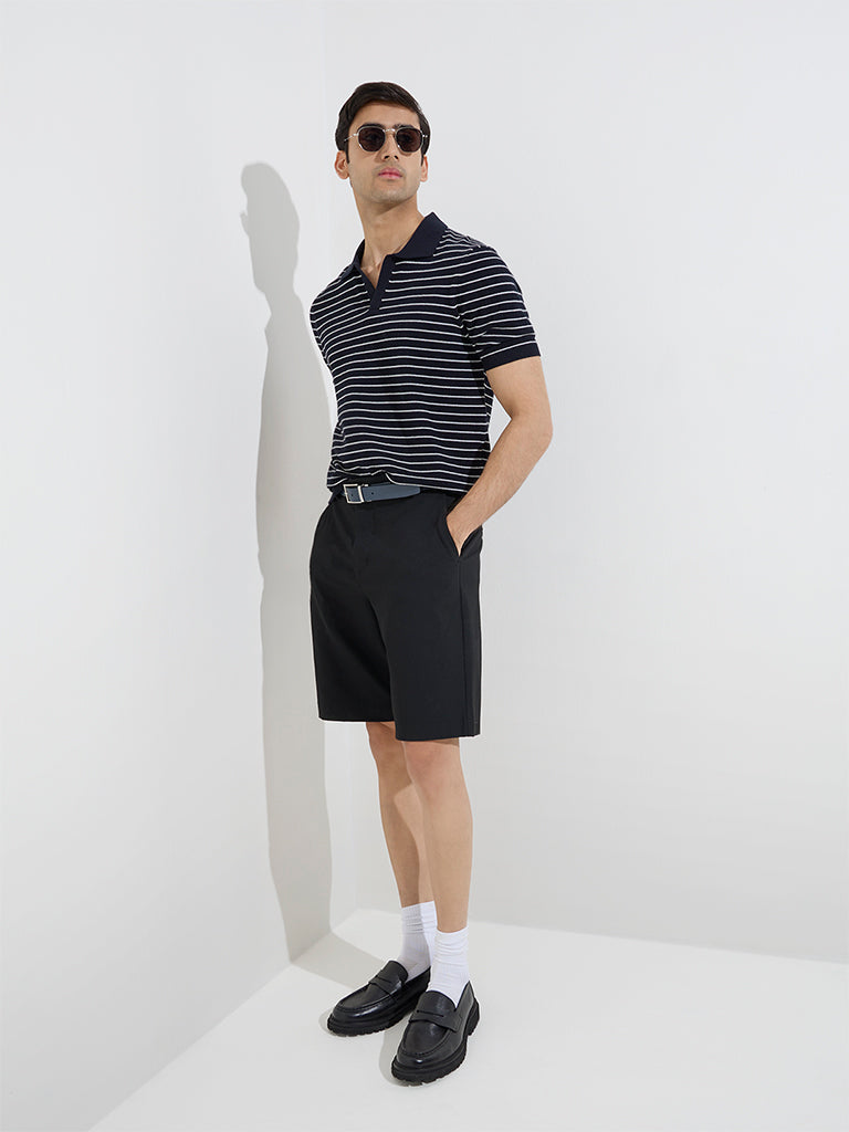 Ascot Navy Striped Relaxed-Fit Cotton-Blend Polo T-Shirt