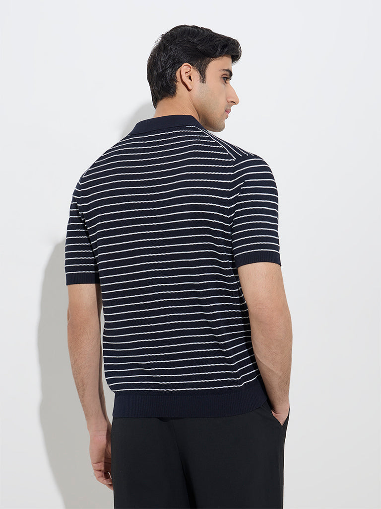 Ascot Navy Striped Relaxed-Fit Cotton-Blend Polo T-Shirt