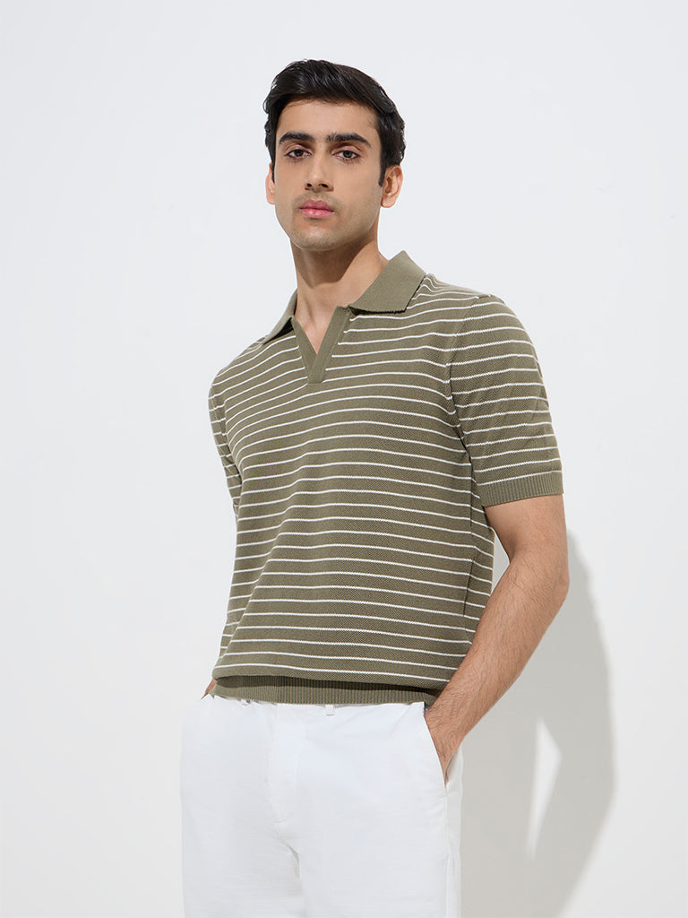 Ascot Olive Striped Relaxed-Fit Cotton-Blend Polo T-Shirt