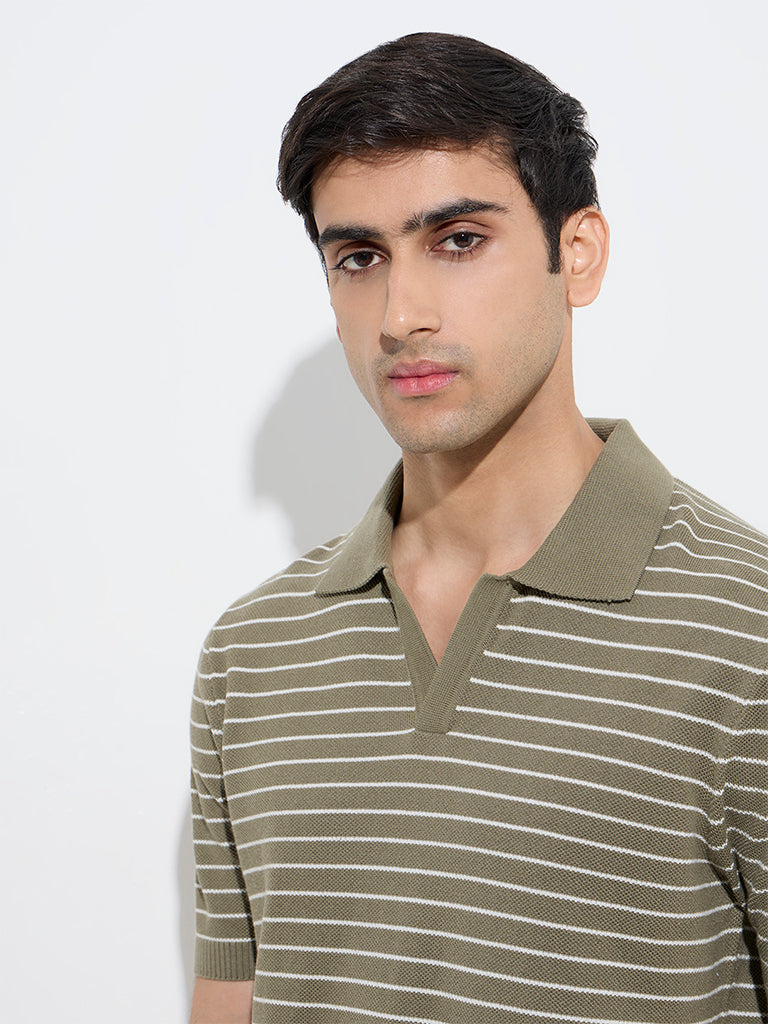 Ascot Olive Striped Relaxed-Fit Cotton-Blend Polo T-Shirt