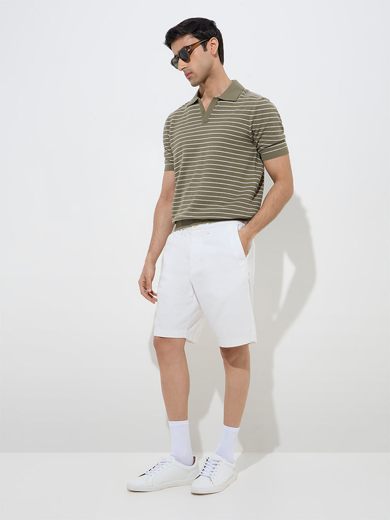 Ascot Olive Striped Relaxed-Fit Cotton-Blend Polo T-Shirt