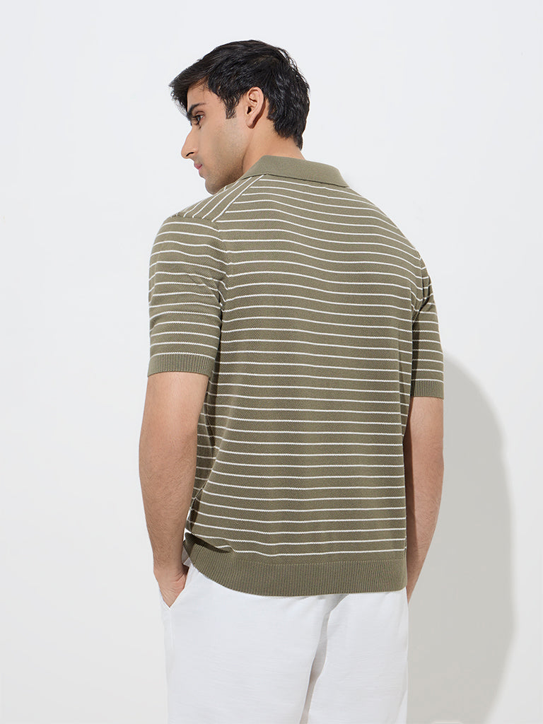 Ascot Olive Striped Relaxed-Fit Cotton-Blend Polo T-Shirt