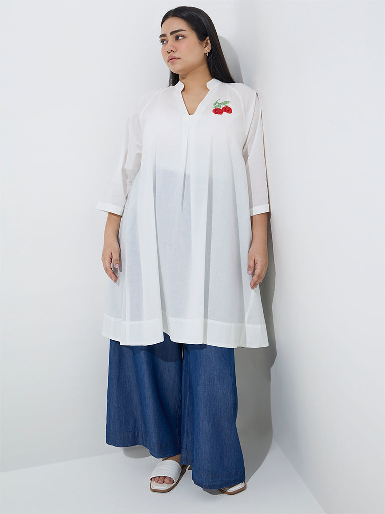 Diza White Floral Embellished A-Line Cotton Kurta