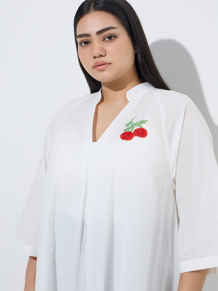 Diza White Floral Embellished A-Line Cotton Kurta