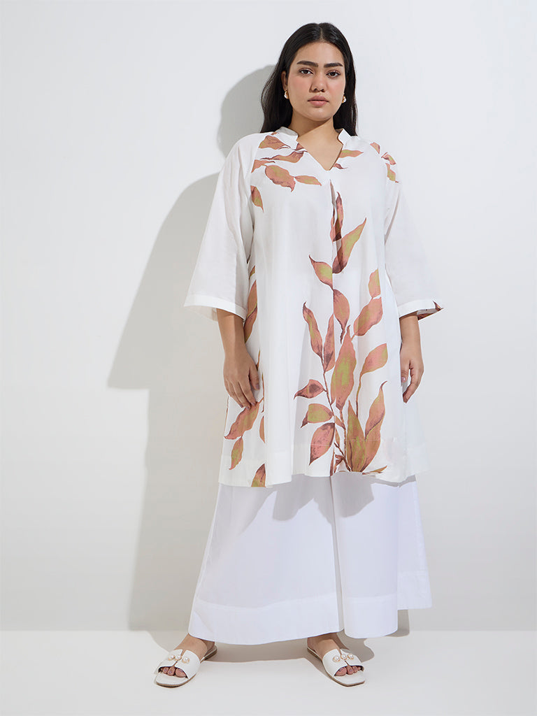 Diza White Leaf Printed A-Line Cotton Kurta