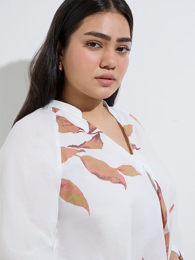 Diza White Leaf Printed A-Line Cotton Kurta