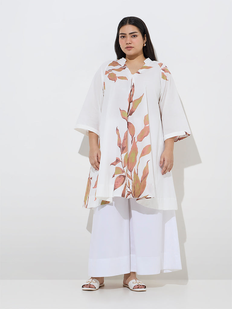 Diza White Leaf Printed A-Line Cotton Kurta