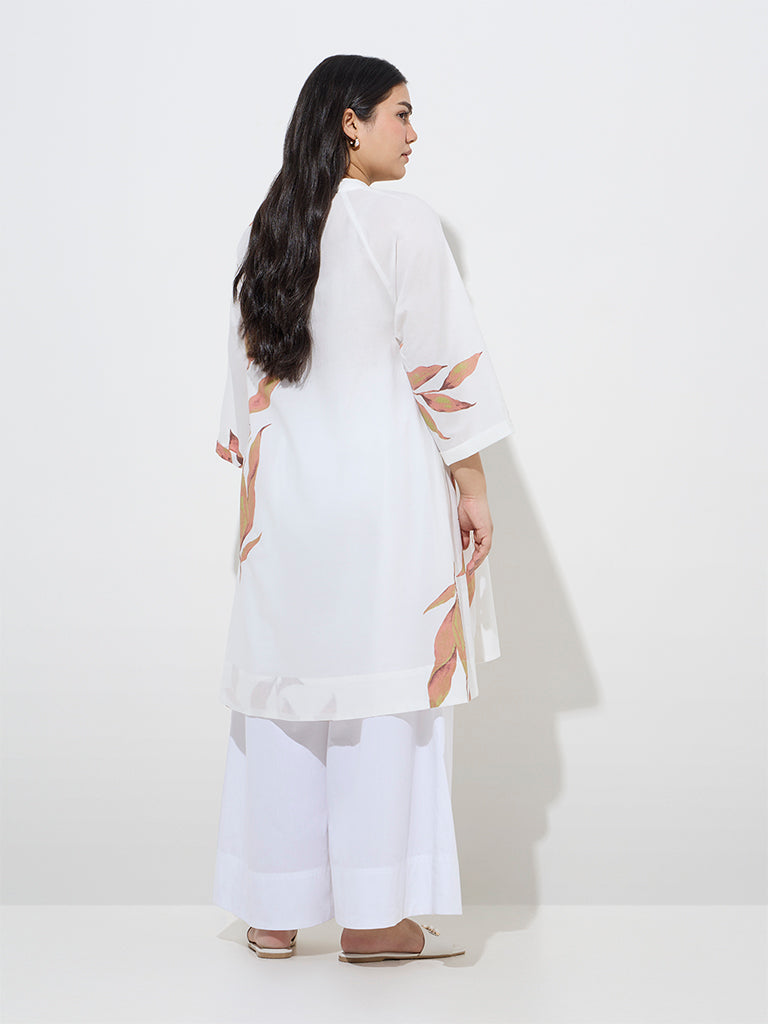 Diza White Leaf Printed A-Line Cotton Kurta