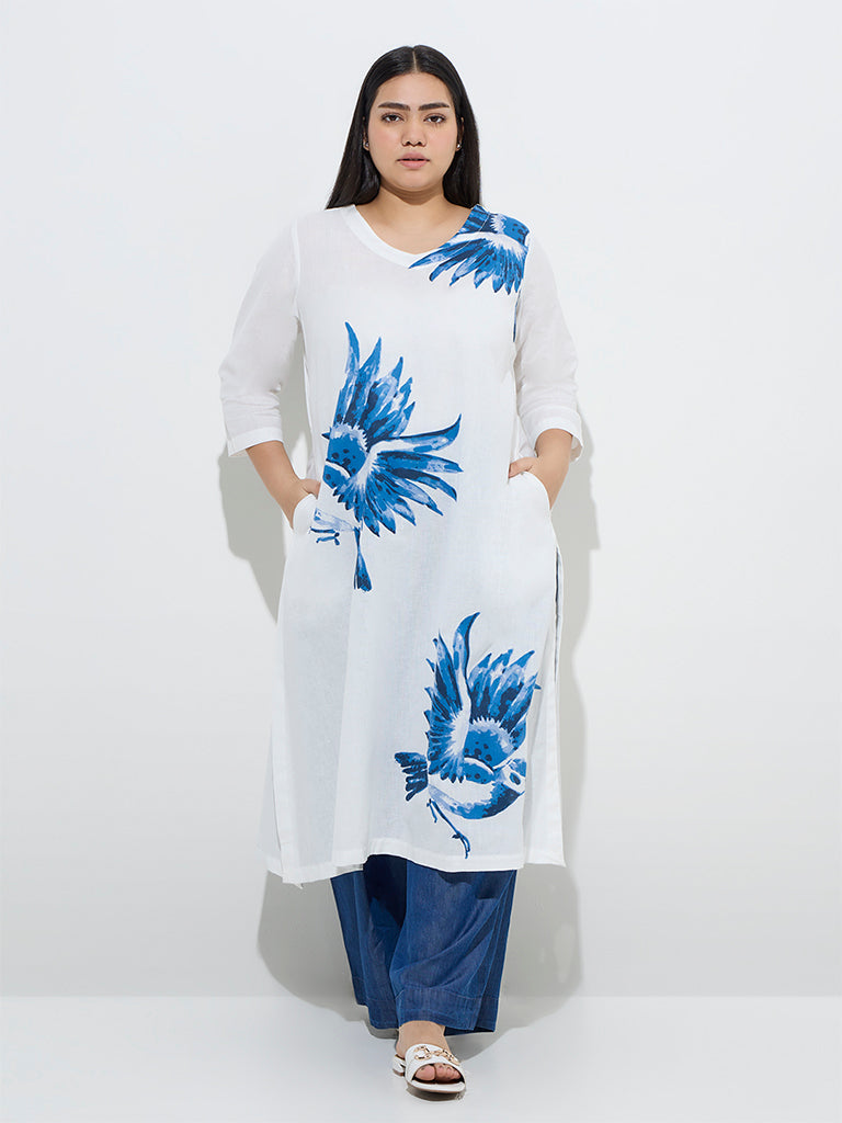 Diza White Floral Design A-Line Cotton-Blend Kurta