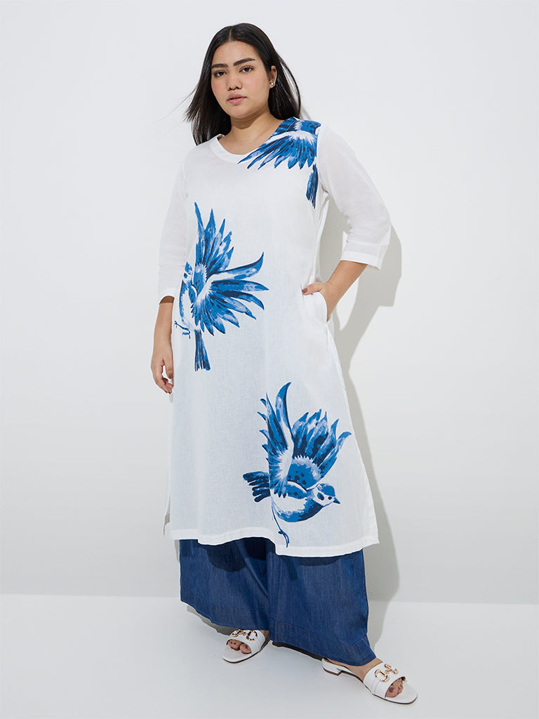 Diza White Floral Design A-Line Cotton-Blend Kurta