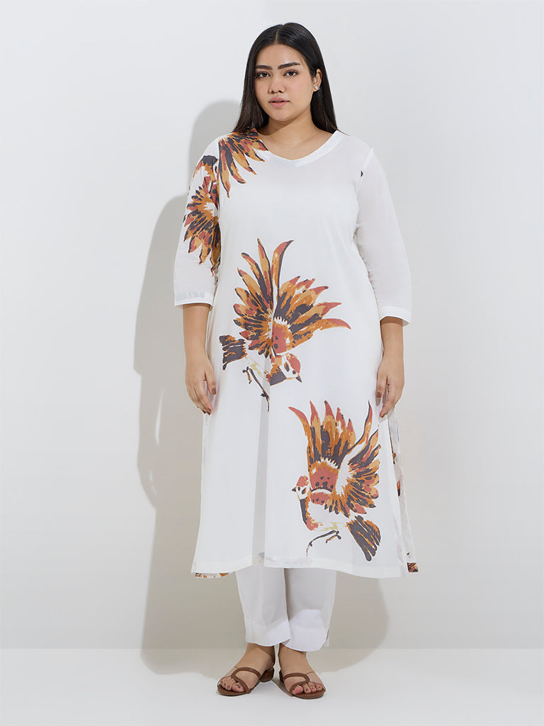 Diza White Botanical Design A-Line Cotton-Blend Kurta