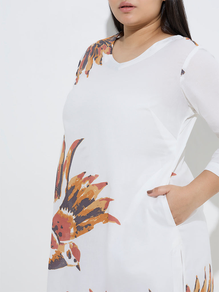 Diza White Botanical Design A-Line Cotton-Blend Kurta