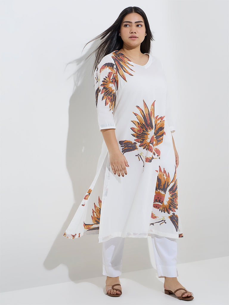 Diza White Botanical Design A-Line Cotton-Blend Kurta