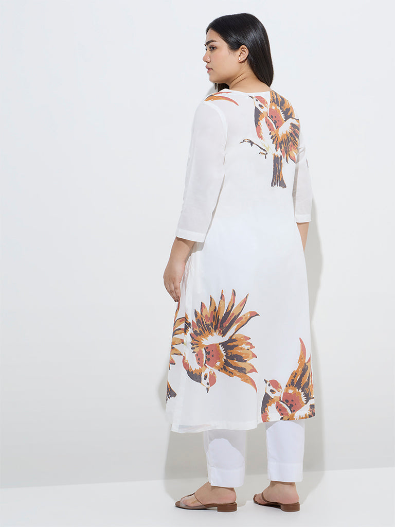 Diza White Botanical Design A-Line Cotton-Blend Kurta