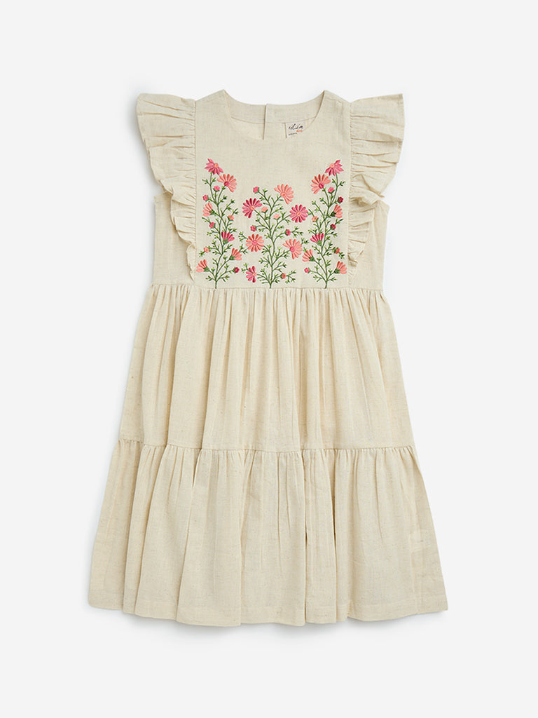 Utsa Kids Off-White Floral Tiered Cotton-Blend Dress - (8-14yrs)