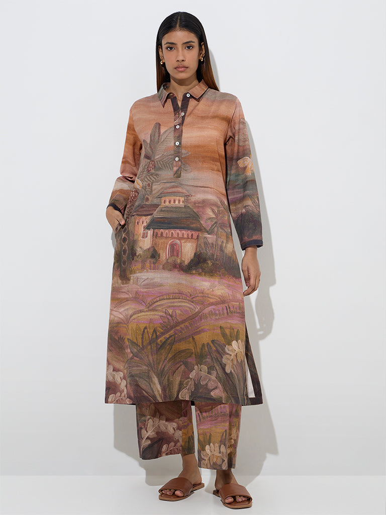 Utsa Brown Scenic Design A-Line Cotton-Blend Kurta