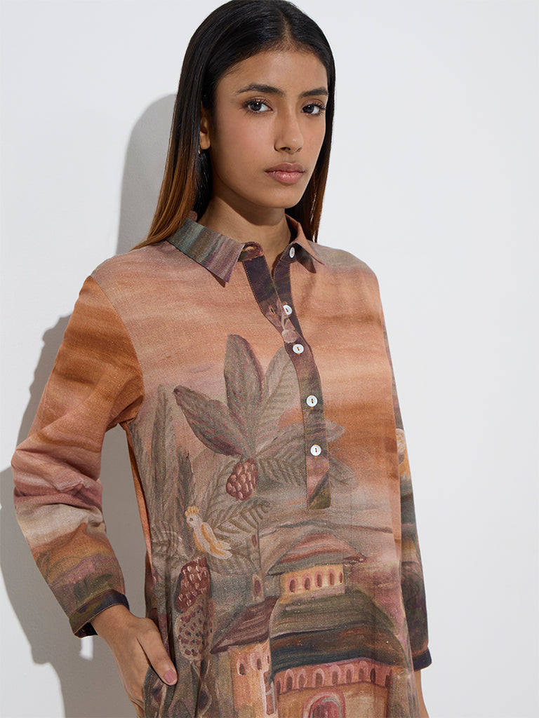 Utsa Brown Scenic Design A-Line Cotton-Blend Kurta