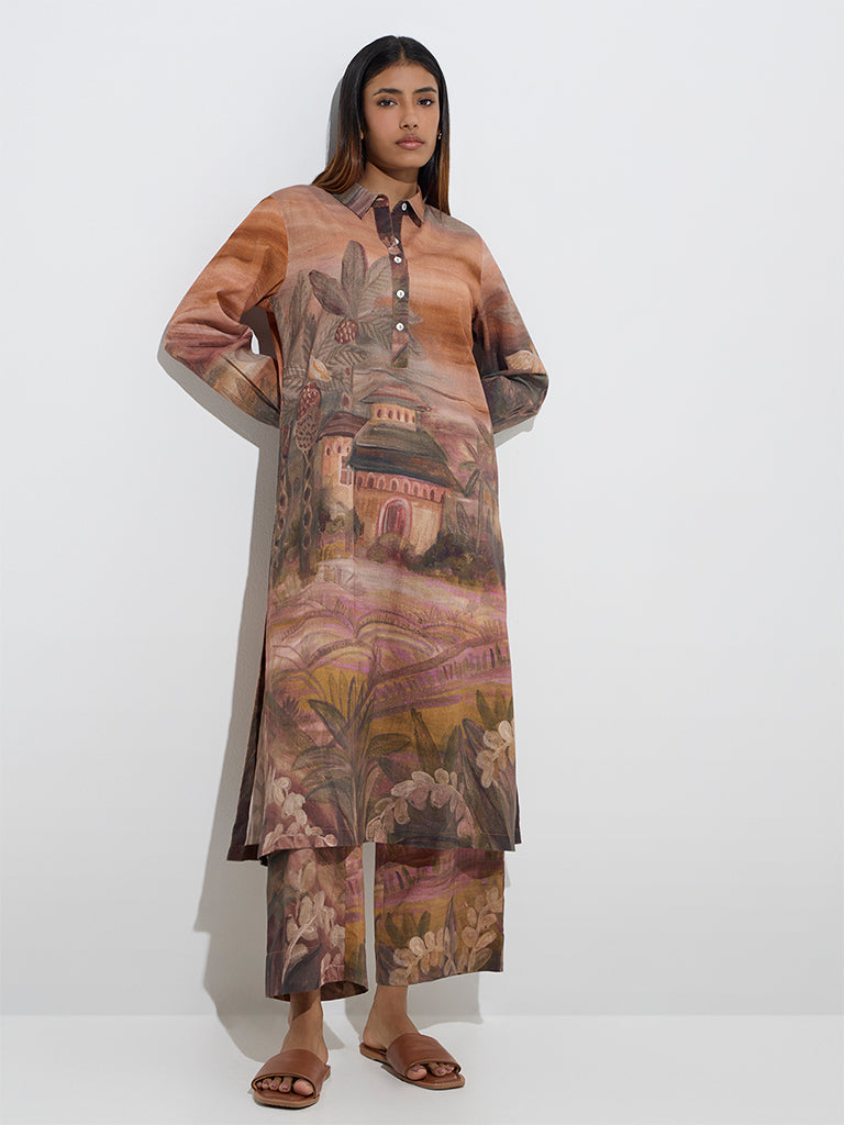 Utsa Brown Scenic Design A-Line Cotton-Blend Kurta