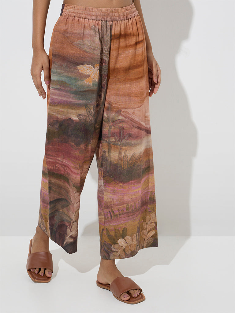 Utsa Brown Scenic Printed Cotton-Blend Palazzos