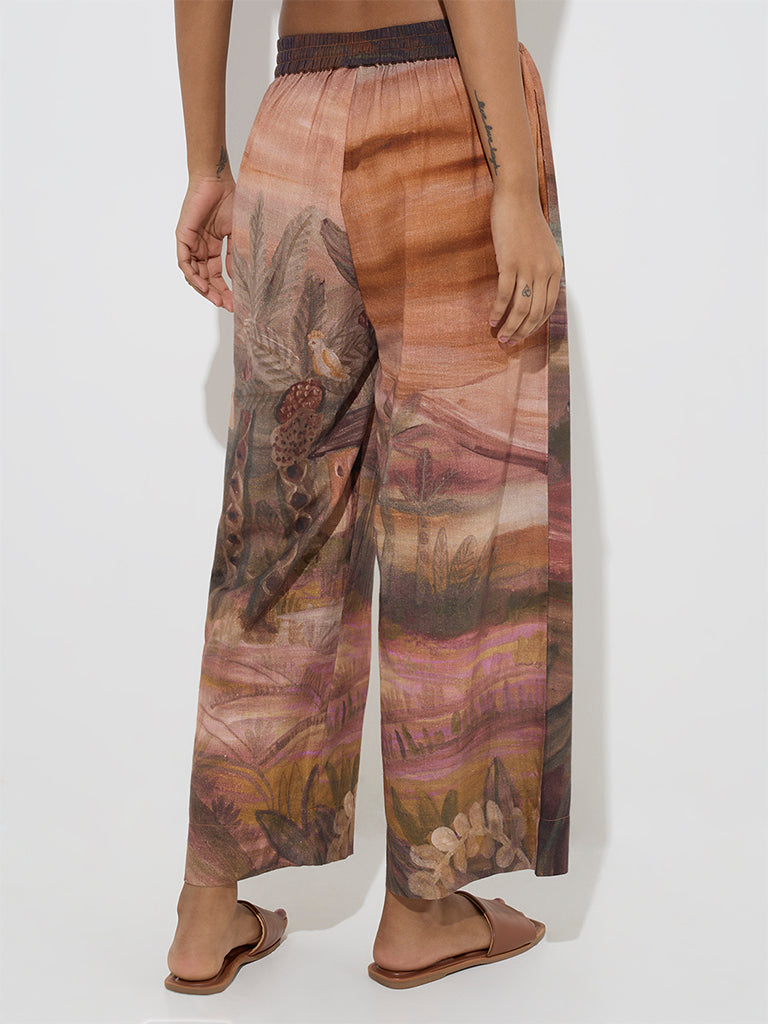 Utsa Brown Scenic Printed Cotton-Blend Palazzos