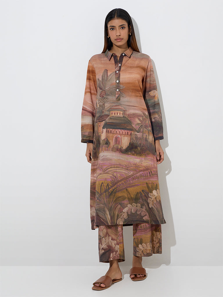 Utsa Brown Scenic Printed Cotton-Blend Palazzos