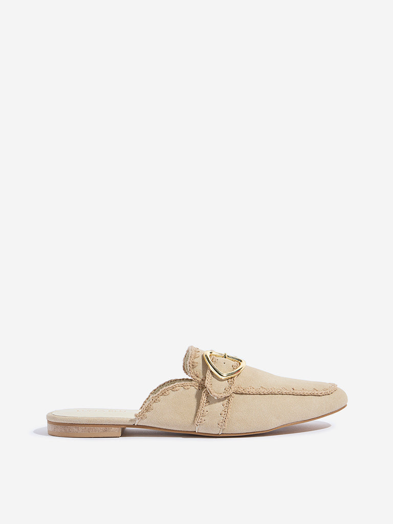 LUNA BLU Beige Embroidered Mules