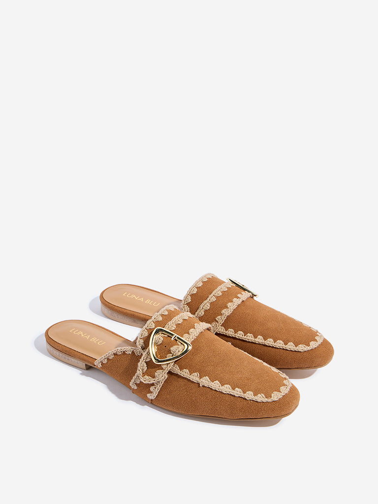 LUNA BLU Tan Embroidered Mules