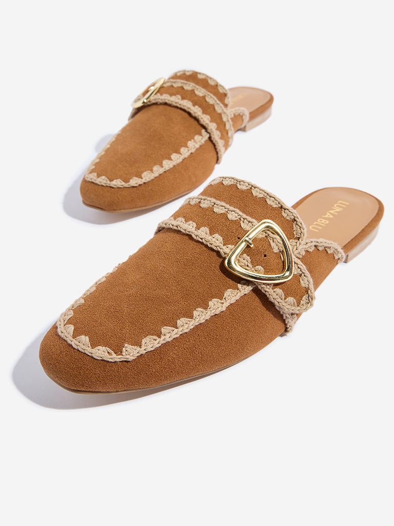 LUNA BLU Tan Embroidered Mules