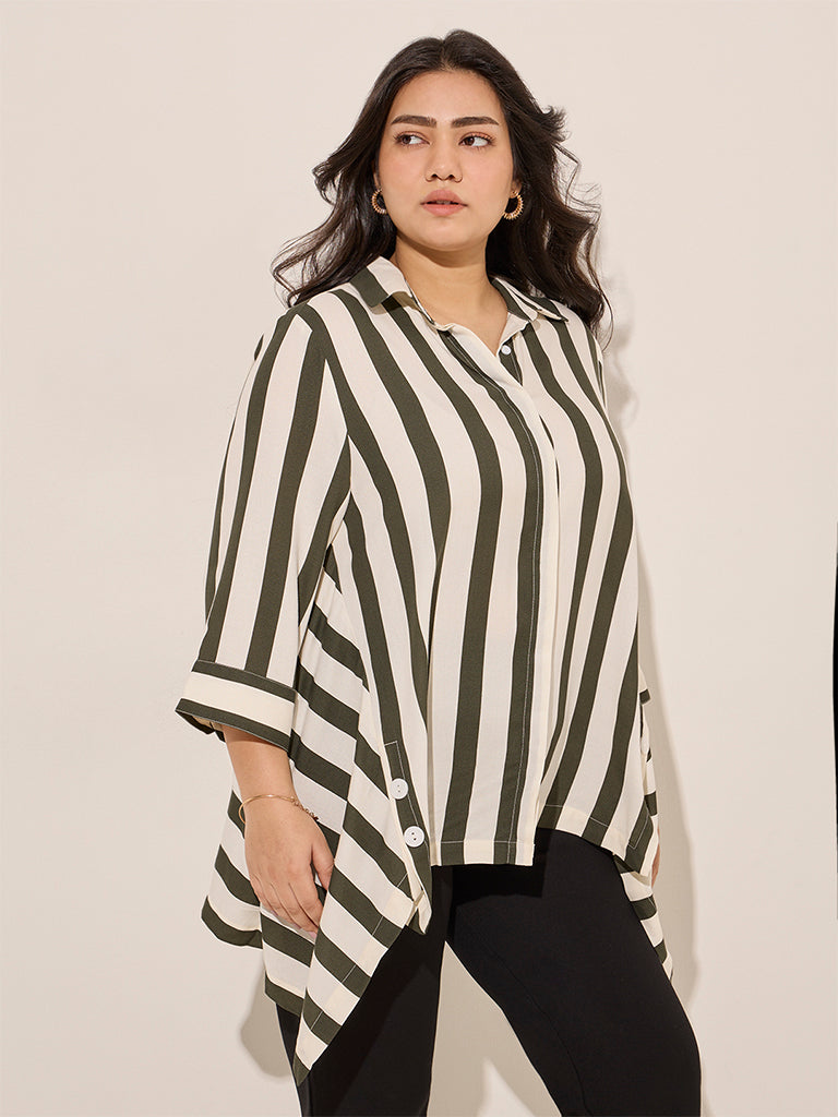 Gia Olive Stripe Printed Asymmetrical Shirt