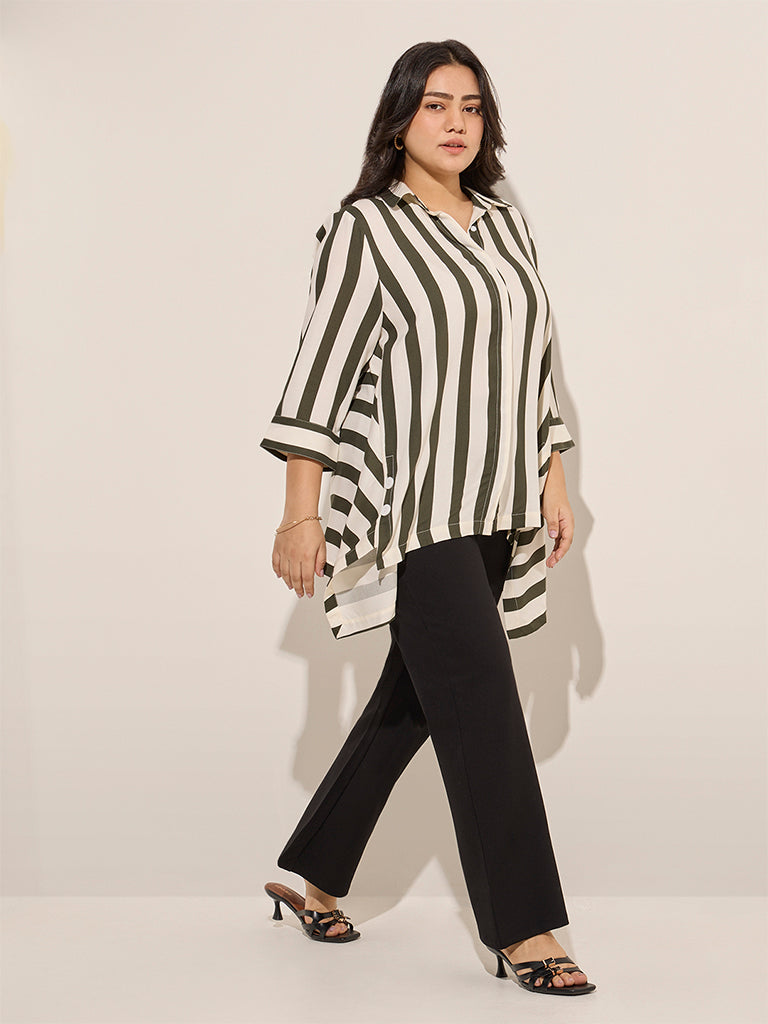 Gia Olive Stripe Printed Asymmetrical Shirt