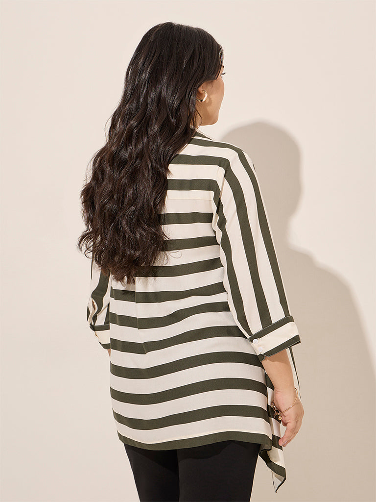 Gia Olive Stripe Printed Asymmetrical Shirt