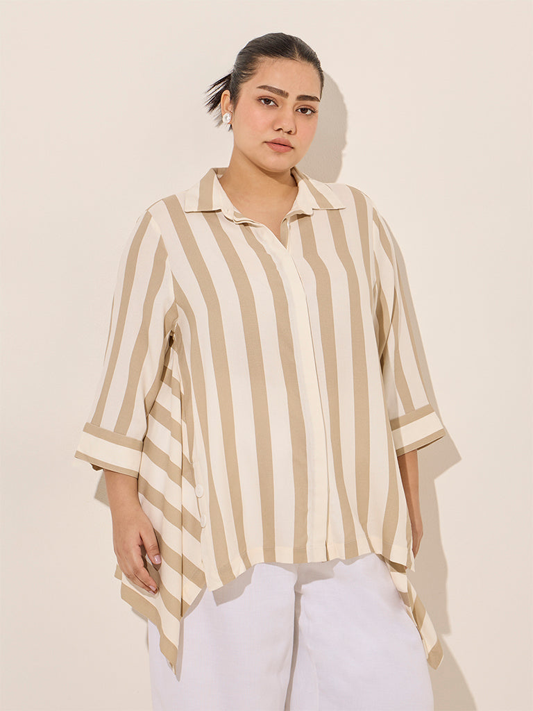 Gia Beige Stripe Printed Asymmetrical Shirt