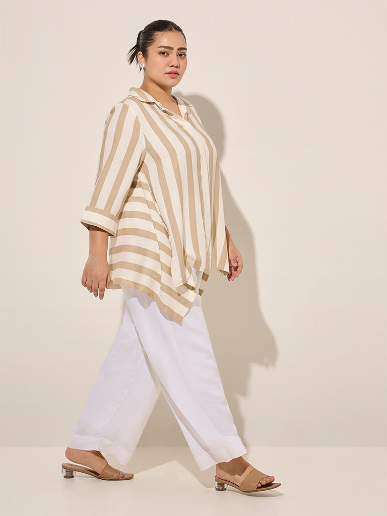 Gia Beige Stripe Printed Asymmetrical Shirt