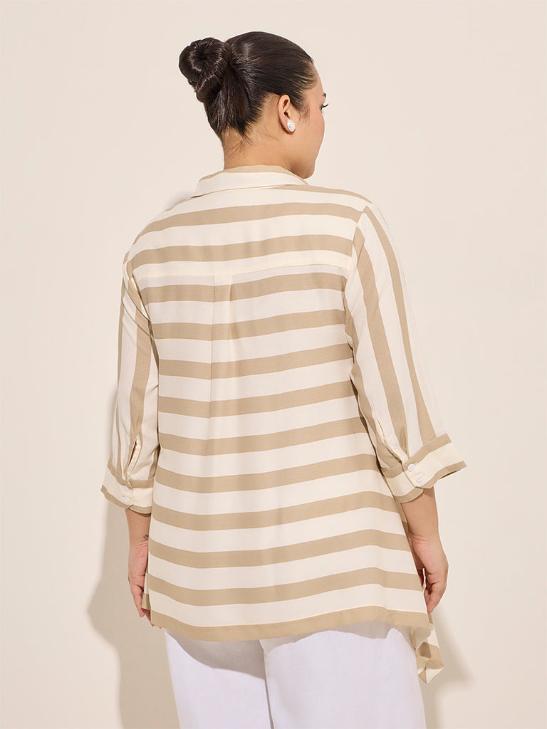 Gia Beige Stripe Printed Asymmetrical Shirt