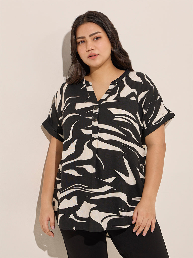 Gia Black Abstract Printed High-Low Cotton Top