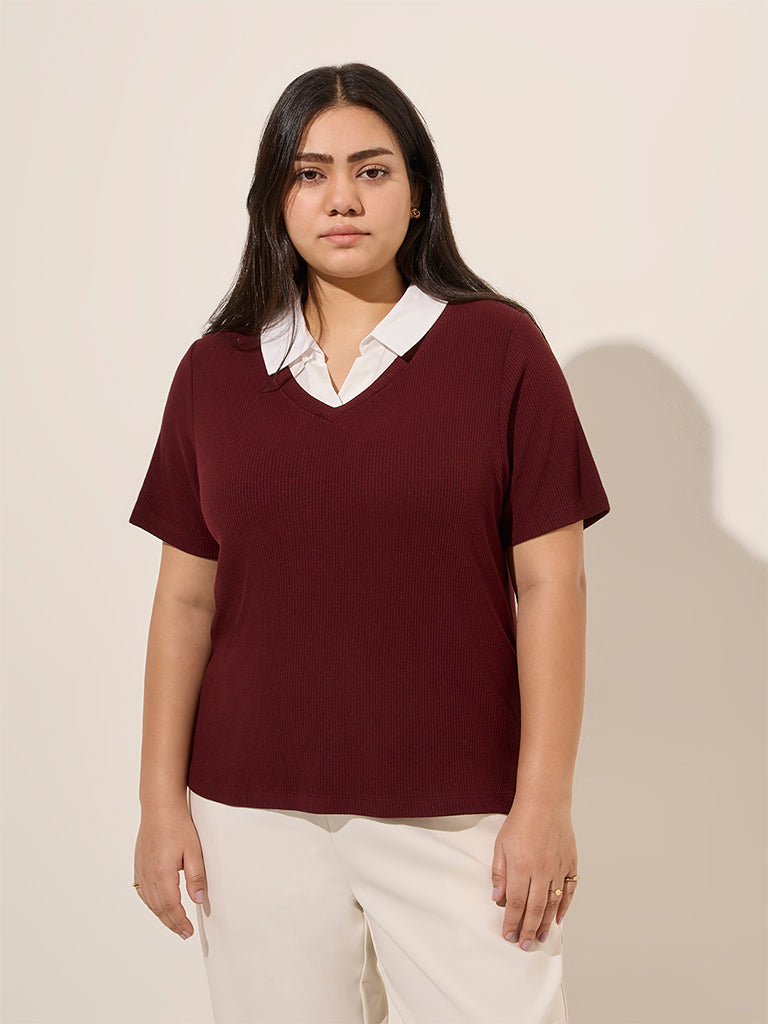 Gia Maroon Layered Ribbed-Textured Cotton-Blend Top