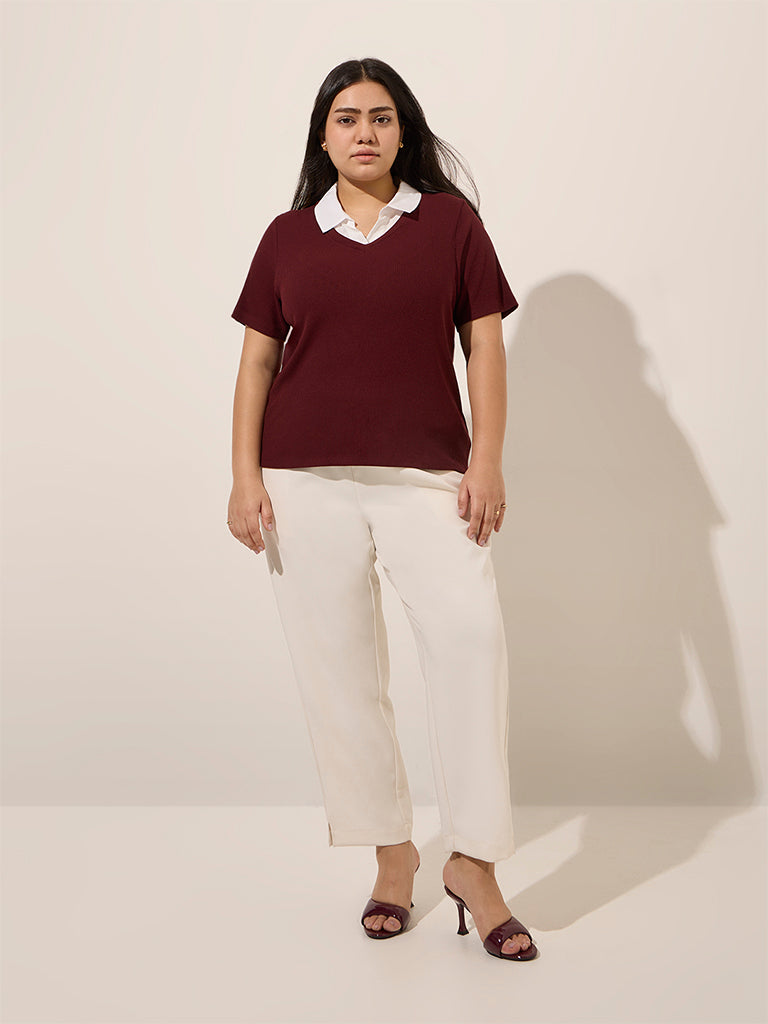 Gia Maroon Layered Ribbed-Textured Cotton-Blend Top