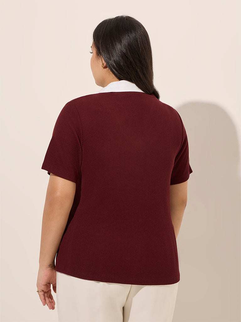 Gia Maroon Layered Ribbed-Textured Cotton-Blend Top