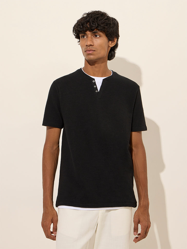 ETA Black Slim-Fit Henley Cotton T-Shirt