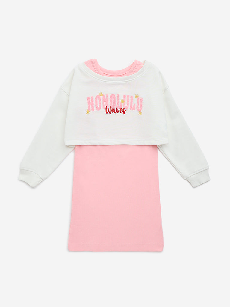 HOP Kids Pink Text Embroidered Cotton Straight Dress