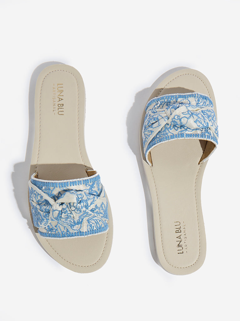 LUNA BLU Blue Knot Detailed Embroidered Slides