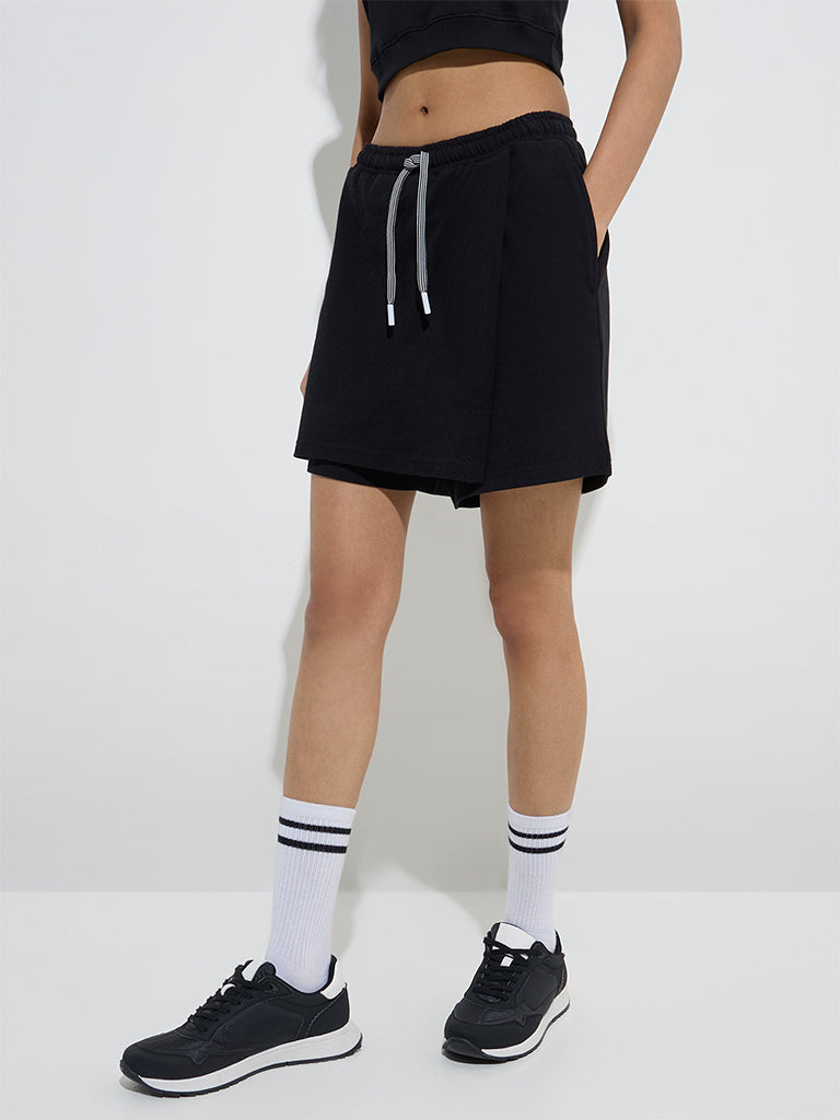 Studiofit Black High-Rise Cotton-Blend Skort