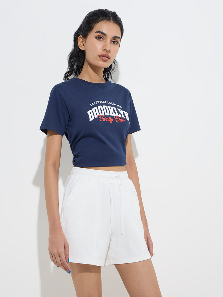 Studiofit Navy Text Printed Cotton-Blend T-Shirt