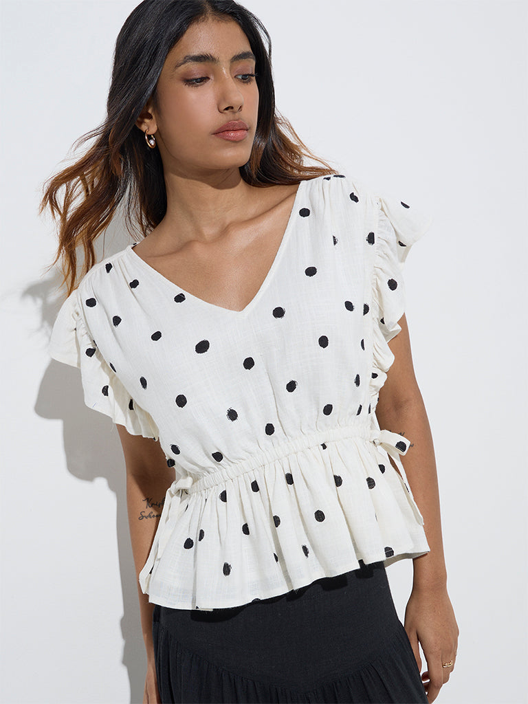 LOV White Polka Dot Linen-Blend Peplum Top