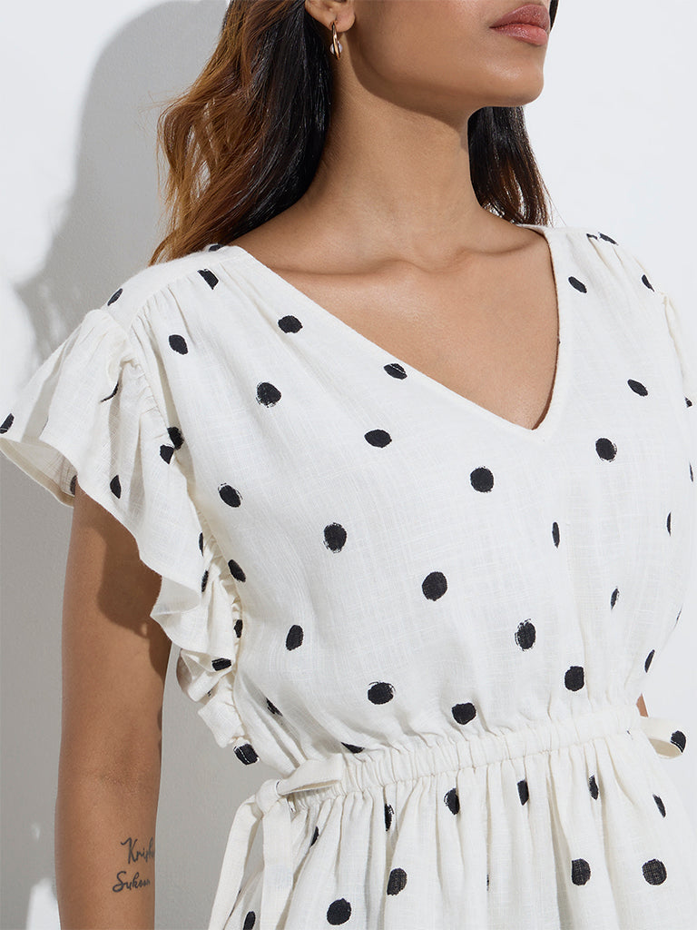 LOV White Polka Dot Linen-Blend Peplum Top