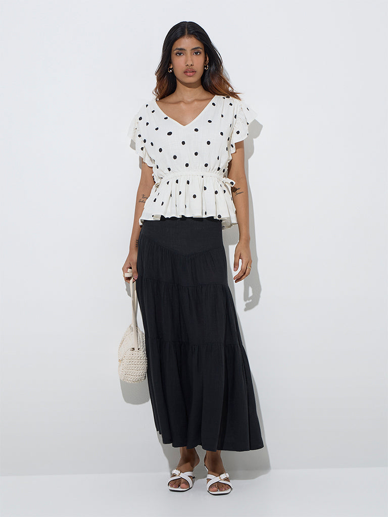 LOV White Polka Dot Linen-Blend Peplum Top