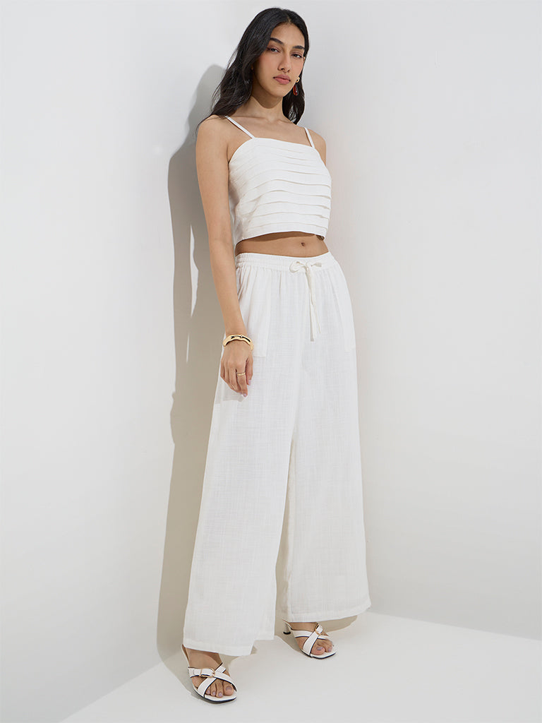 LOV White Pintuck Detailed Linen-Blend Top