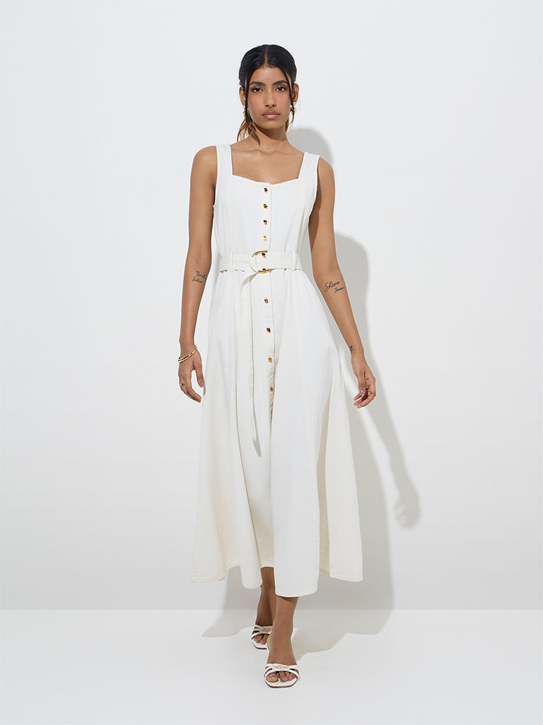 LOV White Solid A-Line Cotton Dress with Belt