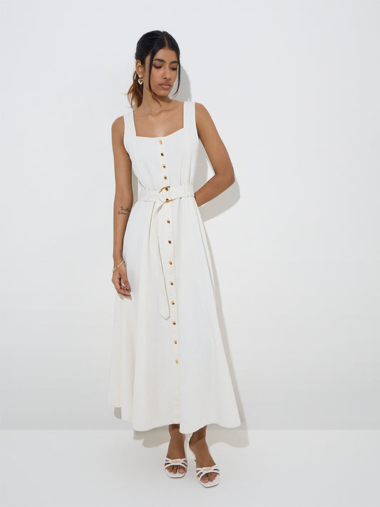 LOV White Solid A-Line Cotton Dress with Belt